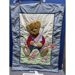 Blue Jean Teddy Bear Crib Quilt Toys Holding Sail Boat Baby Blanket 38"x29"